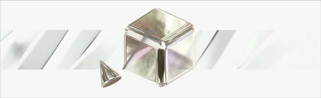 A translucent glass form over a pale striped background